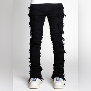 Guapi Obsidian Black Blood Diamond Stacked Denim Distressed Jeans 32x38